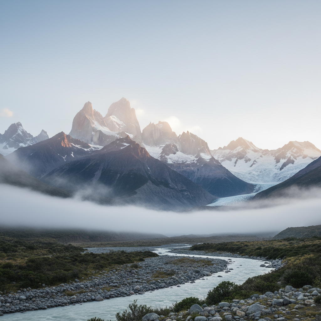 Paisaje de montañas chilenas con niebla suave
