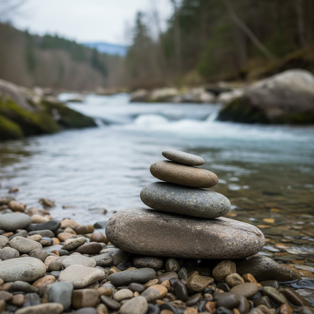 Piedras equilibradas en la orilla de un río