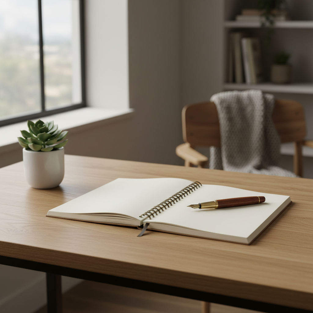 Mesa de madera con una libreta, pluma y una planta pequeña