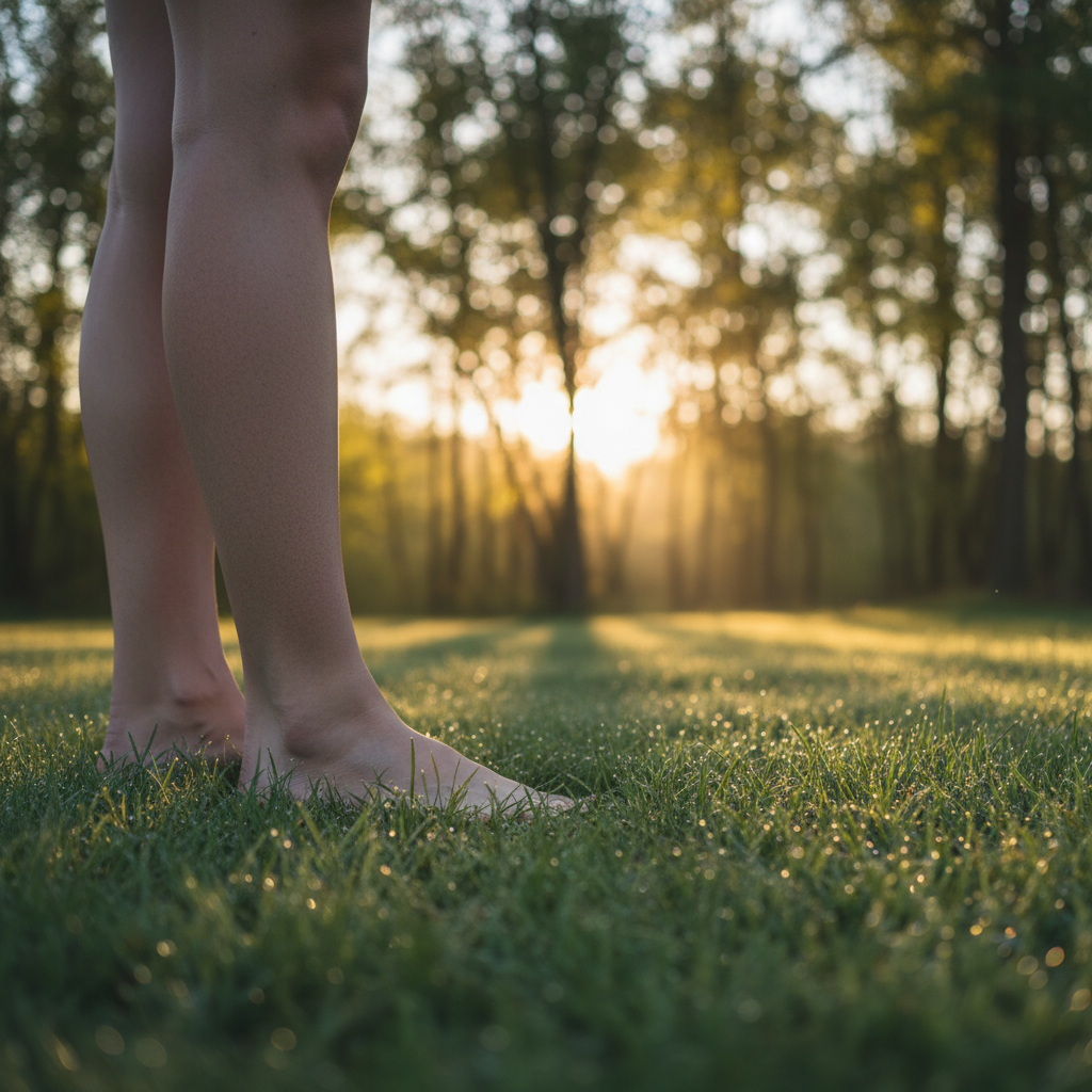 Persona caminando descalza por el pasto