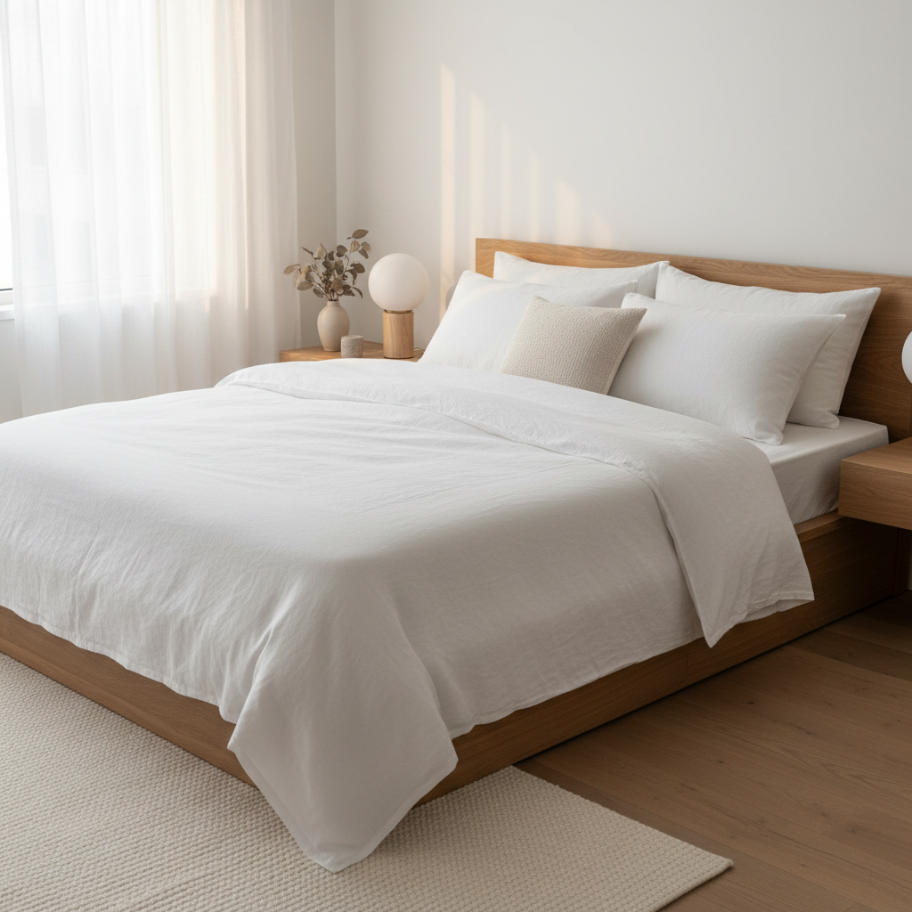 Cama con sábanas de lino blancas y luz suave