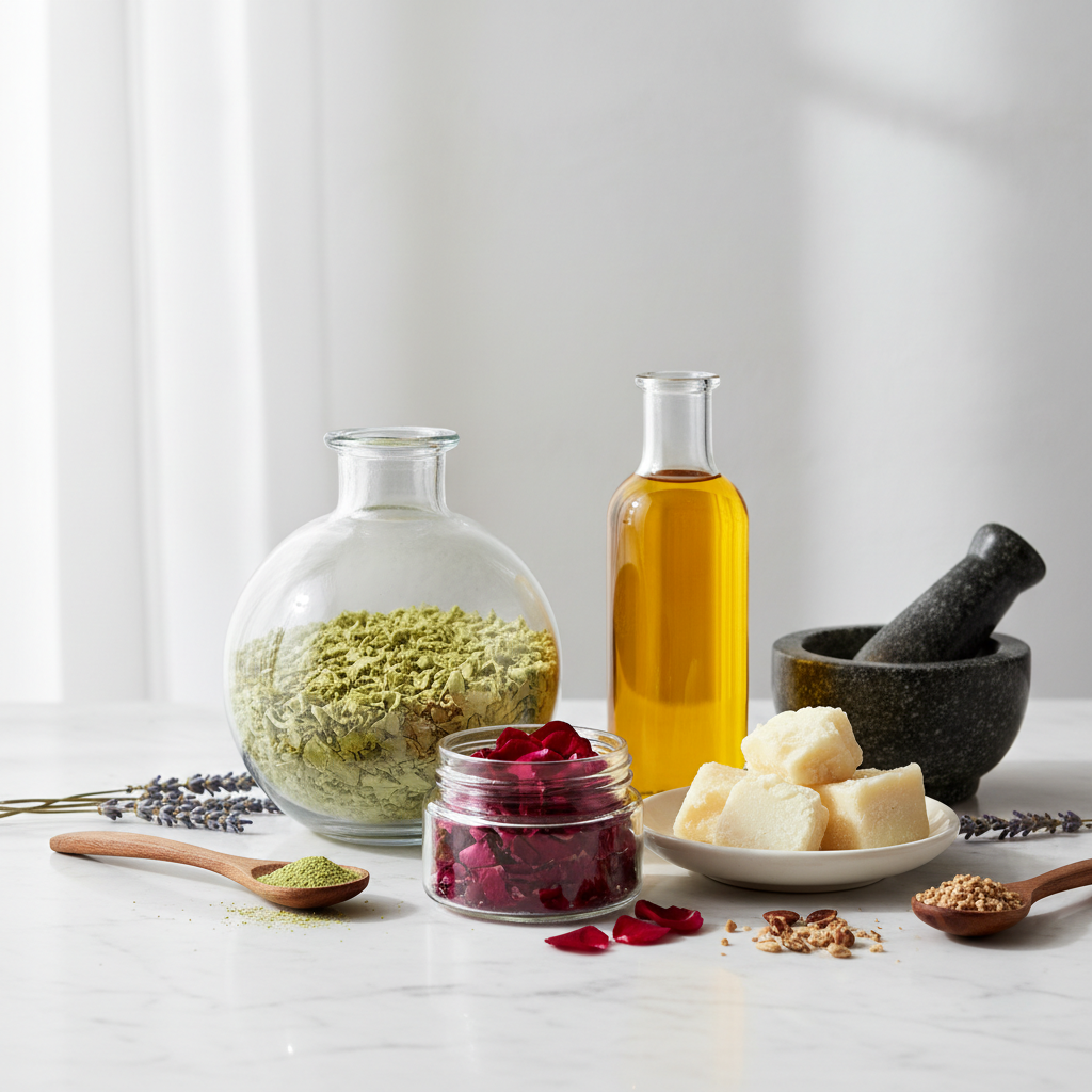 Ingredientes botánicos para el cuidado de la piel en frascos de vidrio